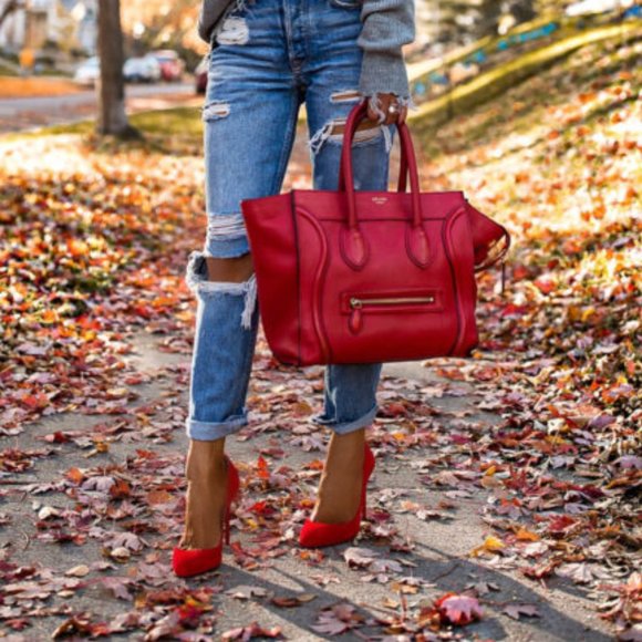 Celine Handbags - CELINE Red Leather Luggage Tote Bag Medium